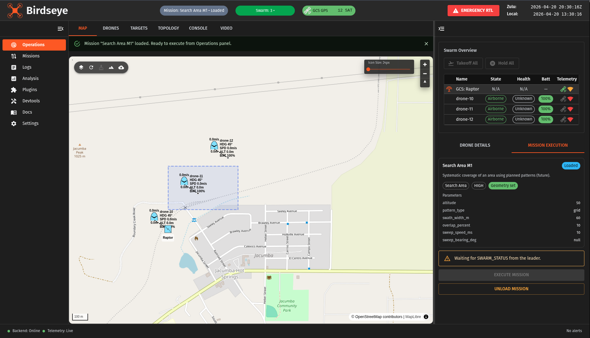 Birdseye ground control interface showing mission planning map, drone fleet status, and telemetry panel
