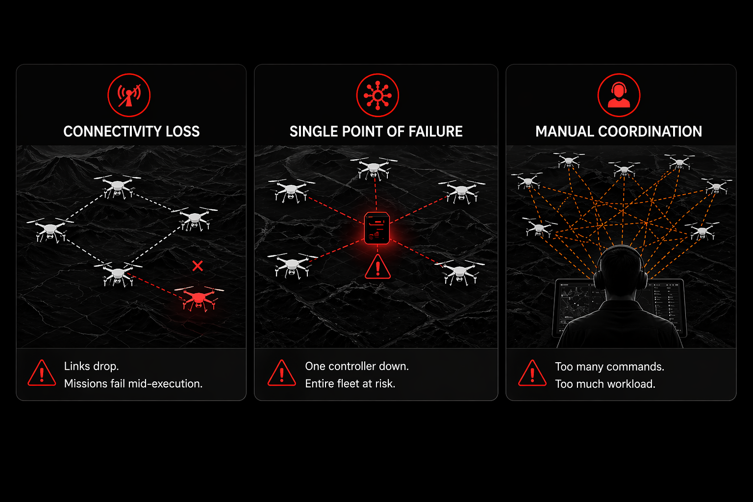 Drone coordination challenges: connectivity loss, single point of failure, manual coordination